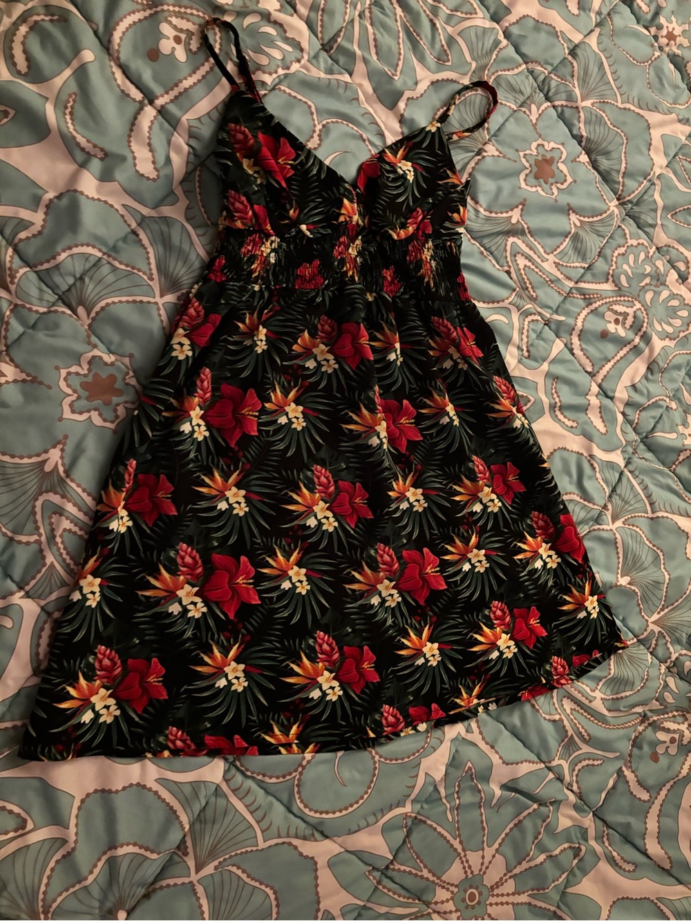 Floral Tropical V-Neck Sundress in Black with Red & Yellow Flowers